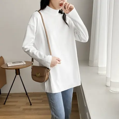 中长款白色长袖t恤女内搭叠穿2022春装新款上衣遮屁股纯棉打底衫图片