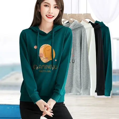 印花连帽卫衣女长袖春秋新款套头修身显瘦简约打底衫减龄百搭上衣商品大图