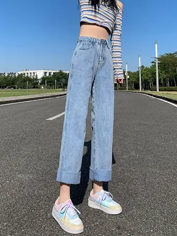 清仓浅色直筒牛仔裤女宽松2023春夏秋新款高腰显瘦显高阔腿裤图片
