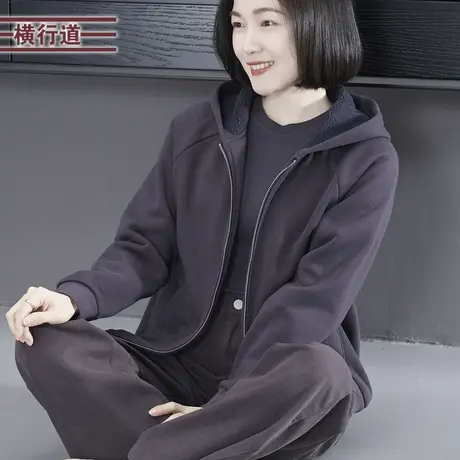 2025春季新款纯色连帽拉链插肩加绒卫衣外套保暖女装外穿上衣大码图片