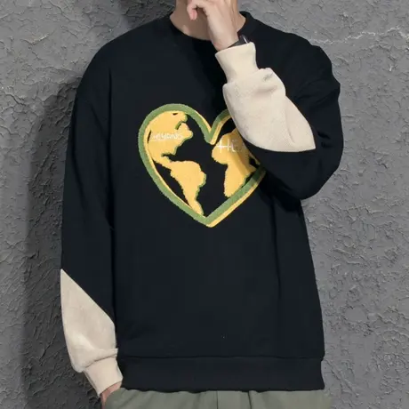 奕飏春秋2022新款拼接撞色爱心植绒卫衣男ins国潮流衣服美式上衣商品大图
