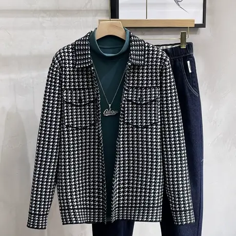 新款秋冬季千鸟格毛呢夹克男士休闲针织潮流毛衣外套短款翻领开衫商品大图