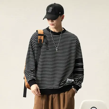 圆领时尚卫衣男秋冬条纹宽松百搭卫衣时尚港风高档潮流男士卫衣图片