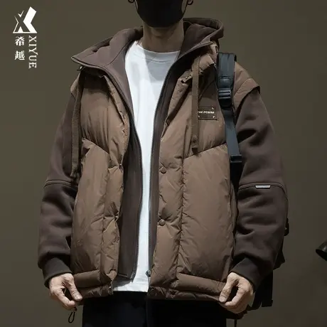 希越新国标假两件鸭绒羽绒服男士2024秋冬宽松大码咖啡色加厚棉服商品大图