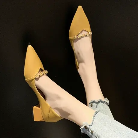 女鞋2024春季新款百搭尖头单鞋子中跟职业工作皮鞋网红粗跟高跟鞋图片