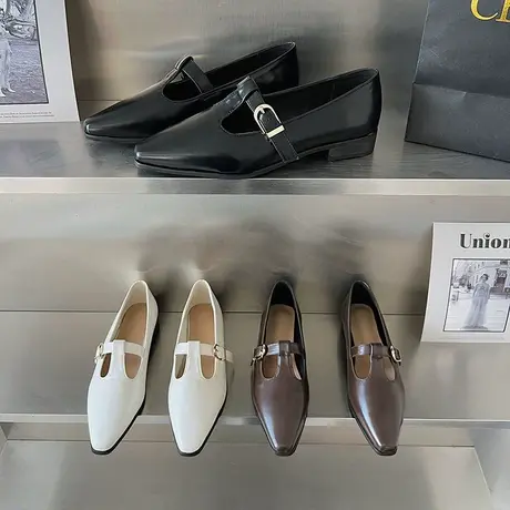 尖头单鞋女2023新款复古玛丽珍低跟浅口平底鞋子酒红色一脚蹬女鞋商品大图