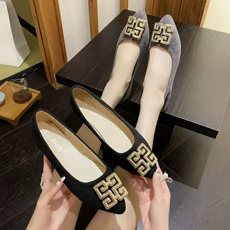 尖头单鞋女2023春季新款四季平底鞋女百搭水钻软皮瓢鞋软底豆豆鞋商品大图