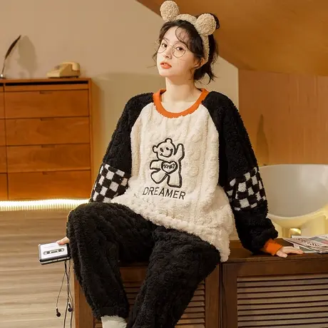 套头睡衣女秋冬2023新款冬款法兰绒女士家居服冬季加绒加厚珊瑚绒商品大图