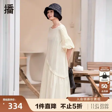 播夏季新款圆领抽褶收口喇叭袖拼接连衣裙DDP2LD4050图片