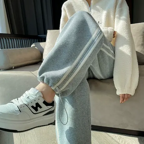 灰色抽绳运动裤女冬季加绒秋冬新款加厚保暖束脚休闲灯笼裤卫裤子图片