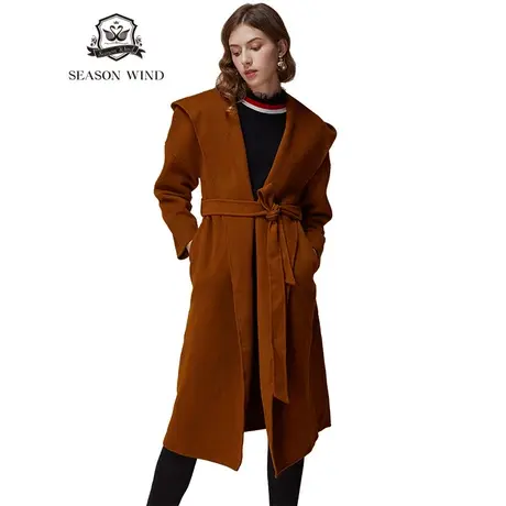 季候风新品连帽纯色中长款双面羊毛毛呢大衣春季外套女8015DA203图片