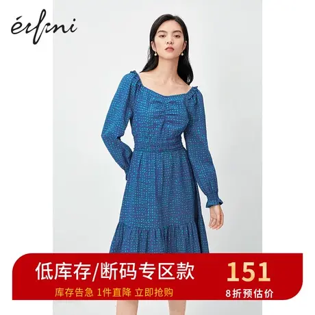伊芙丽2020新款方领长袖收腰显瘦连衣裙中长款裙子女1B7995121🕶图片