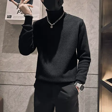高领毛衣男冬季2023新款纯色休闲肌理感小众轻熟个性内搭针织线衣商品大图