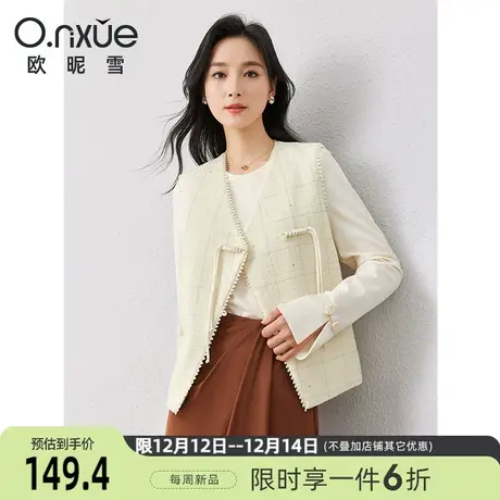 欧昵雪2024春季新款时尚V领格子马甲背心女无袖直筒个性外搭马夹商品大图