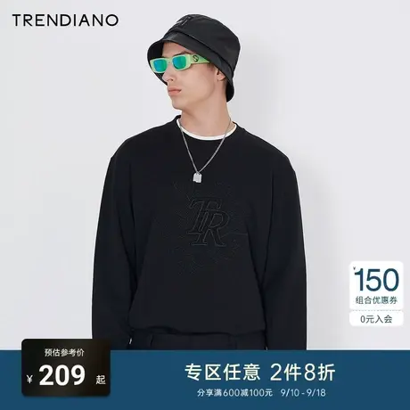 TRENDIANO官方潮牌春秋男装简约百搭卫衣刺绣落肩圆领上衣男款商品大图