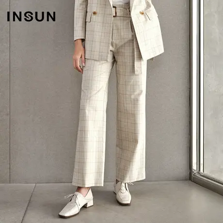 INSUN恩裳春季棉质直筒阔腿裤系带高腰商品大图