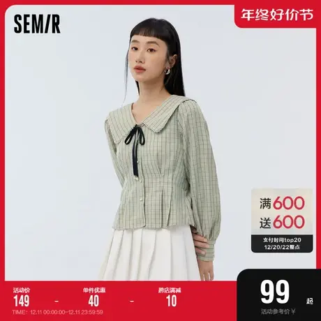 [商场同款]森马长袖衬衫女短款大翻领复古2023春新款格子衬衣通勤图片