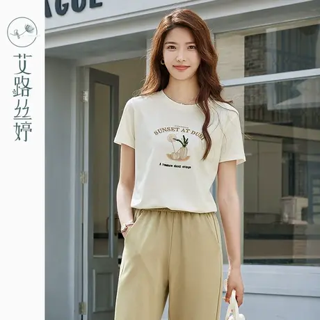 艾路丝婷字母刺绣短袖t恤女2023年夏季新款宽松遮肉显瘦正肩上衣商品大图