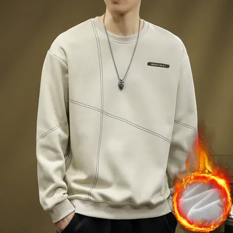 男士内搭加绒加厚圆领卫衣秋冬季2024新款男装痞帅潮牌长袖上衣服图片