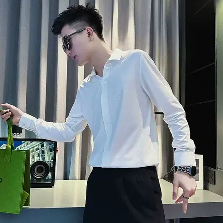 长袖衬衫男2023秋季纯色修身V领男装衬衣潮流发型师痞帅休闲上衣商品大图