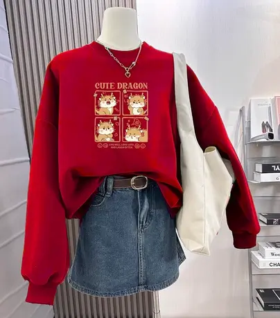 vintage港风古着卫衣圆领加绒上衣女潮牌ins冬季保暖喜庆大红外套商品大图