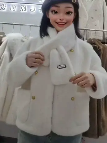 2023冬季新款时尚设计感高领保暖双排扣韩版仿水貂毛皮毛一体外套商品大图