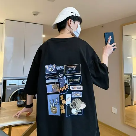 2023夏季新款潮流短袖T恤男纯棉港风设计感半袖打底衫卡通动漫tee图片