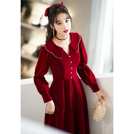 长袖敬酒服新娘2023新款秋冬季结婚订婚回门酒红色礼服可爱娃娃领图片