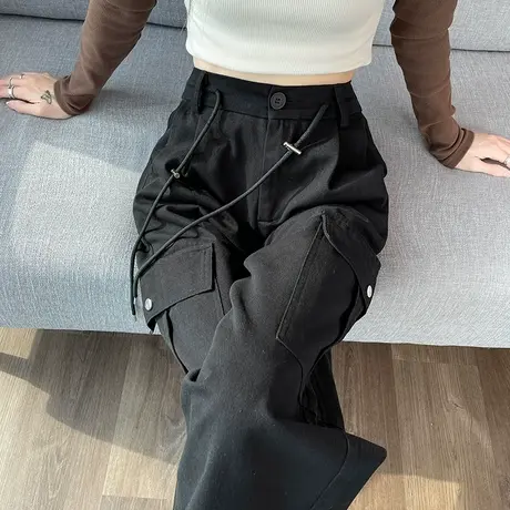 黑色工装裤女2024春秋新款高腰显瘦窄版阔腿裤直筒美式束脚运动裤商品大图
