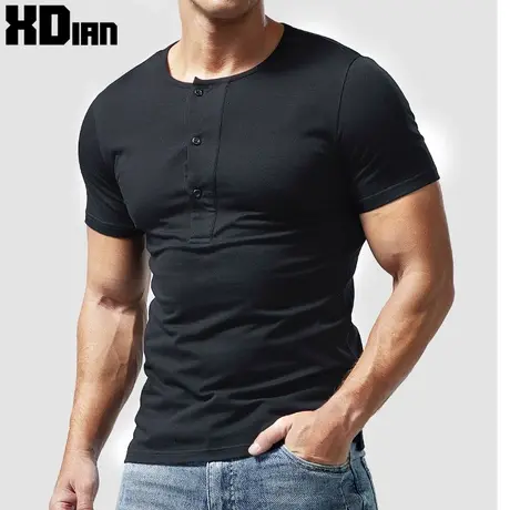 复古亨利领短袖T恤男士紧身修身夏季纯棉打底衫带扣体恤潮亨利衫商品大图