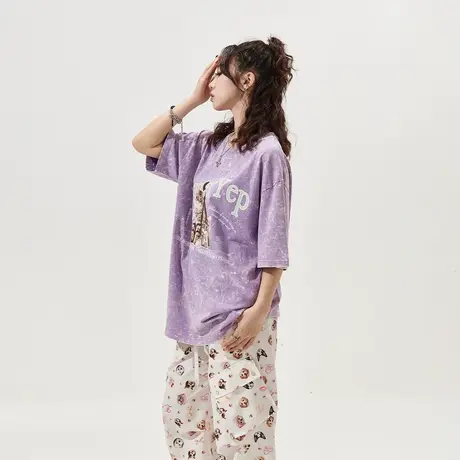 YEP紫罗兰炒雪花短袖t恤女春夏2024新款卡通印花复古宽松情侣上衣图片