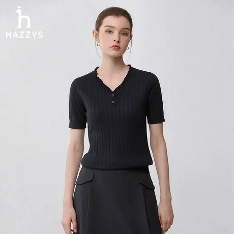 【桑蚕丝】Hazzys哈吉斯春夏季修身弹力休闲内搭短袖V领针织衫女图片