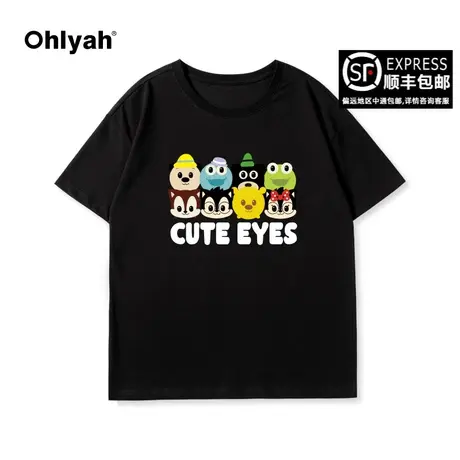 Ohlyah2024春夏新款黑色卡通印花短袖t恤女情侣宽松oversize上衣图片