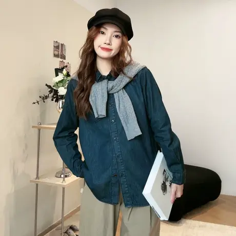 尔给宽松长袖正肩高级感小个子复古牛仔衬衫女2024春季新款衬衣图片