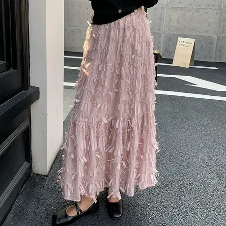 2024春夏新款超仙甜美粉色半身裙女高腰显瘦a字裙蛋糕长裙大摆裙图片