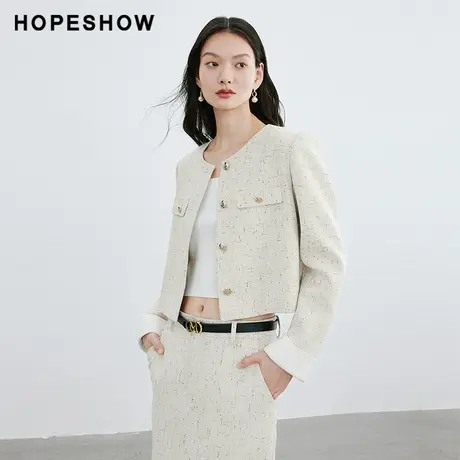 红袖香风正肩圆领短外套女hopeshow2024春季新款H型直身显瘦上衣图片
