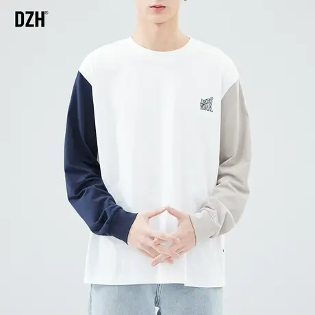 男士美式拼接长袖t恤男圆领纯棉内搭打底衫2024新款宽松上衣衣服商品大图