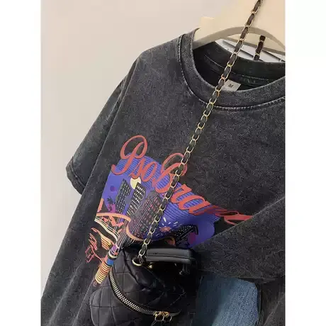 水洗黑新款复古短袖T恤女原创小众设计做旧风上衣中长款纯棉半袖商品大图