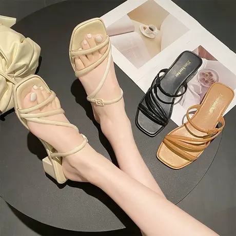 拖鞋外穿女夏季2024新款一字拖今年流行的法式气质凉拖中跟高级感商品大图