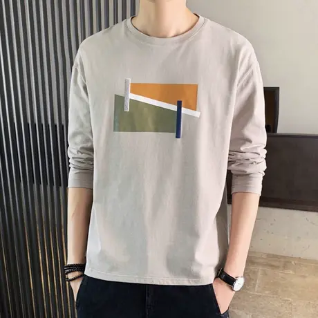 圆领宽松长袖t恤男潮流百搭拼色印花打底衫2023秋季新款纯棉上衣商品大图