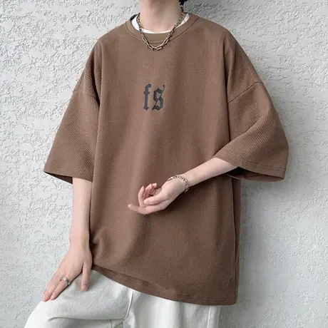 美式短袖t恤男夏季2023新款华夫格五分半袖宽松圆领男士上衣体恤T商品大图