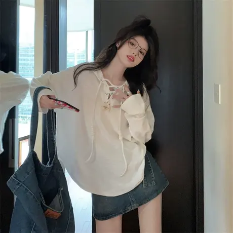 胖mm大码连帽设计感长袖T恤春季新款ins风宽松韩版上衣女200斤潮图片