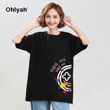 Ohlyah黑色t恤女2023年新款夏季宽松oversize上衣笑脸短袖情侣装图片