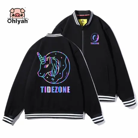 加绒加厚秋冬外套女男情侣装独角兽反光卫衣印花拉链开衫卫衣学生商品大图