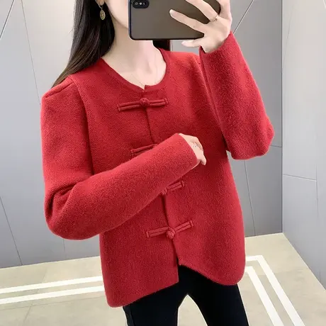 红色毛衣外套女春秋2023新款爆款针织小香风开衫复古风上衣早春装图片