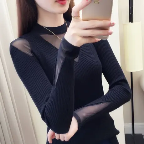 蕾丝毛衣女套头2023秋冬新款修身打底衫内搭上衣洋气半高领针织衫图片