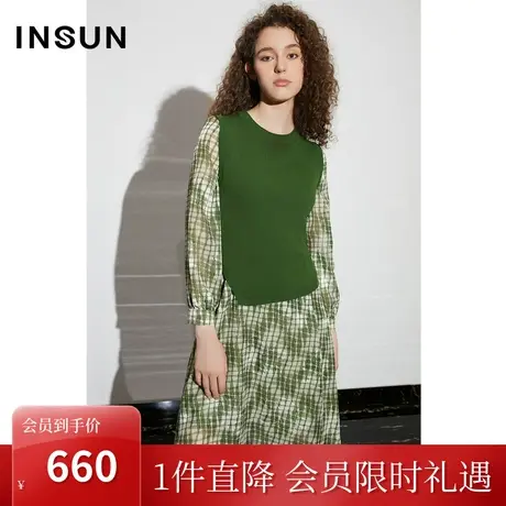 恩裳COVER2023年春款新款丛影格纹印花两件套直身轻柔毛织连衣裙图片