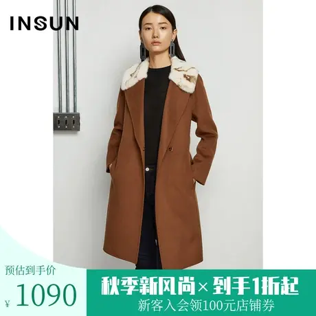 恩裳冬季绵羊毛山羊绒拼接翻领毛呢外套大衣女图片