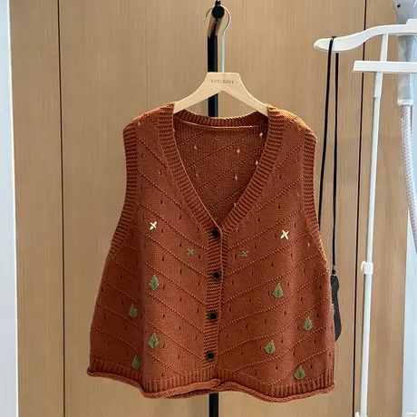 针织坎肩马甲背心女外穿春秋季2023新款复古宽松无袖棉线马夹外套图片