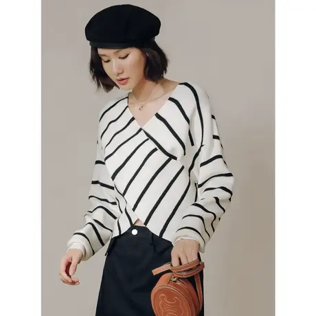 弥古长袖交叉v领针织衫小众不对称条纹上衣女春秋短款慵懒风毛衣图片